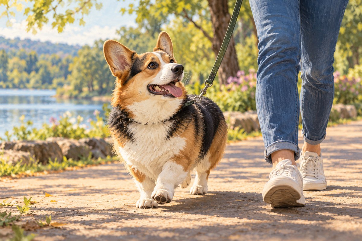 Tricolor Corgi walking with a person on a park path