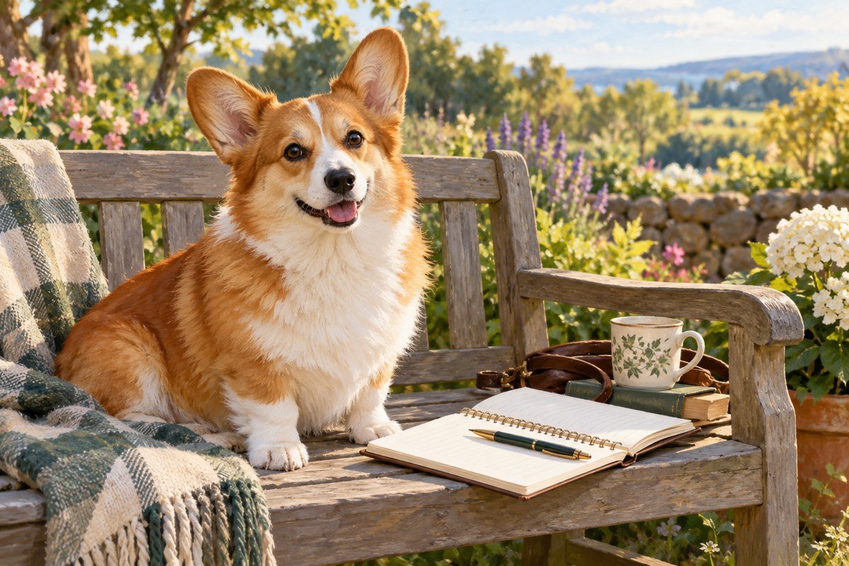 Corgi sitting beside a notebook on a garden bench