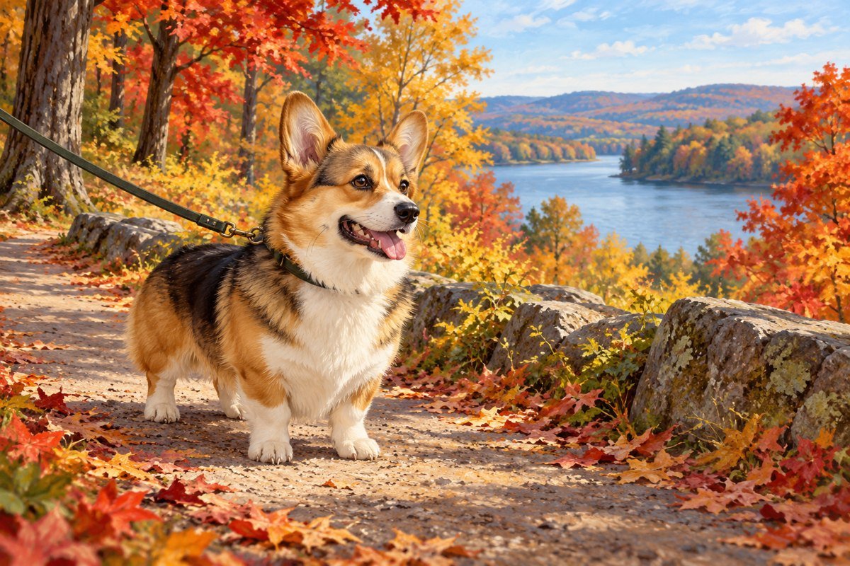 Corgi on a leash along an autumn New England park path