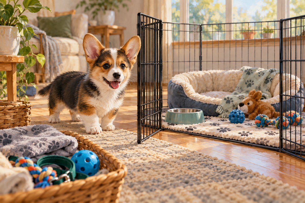 Corgi puppy beside a prepared exercise pen and supplies