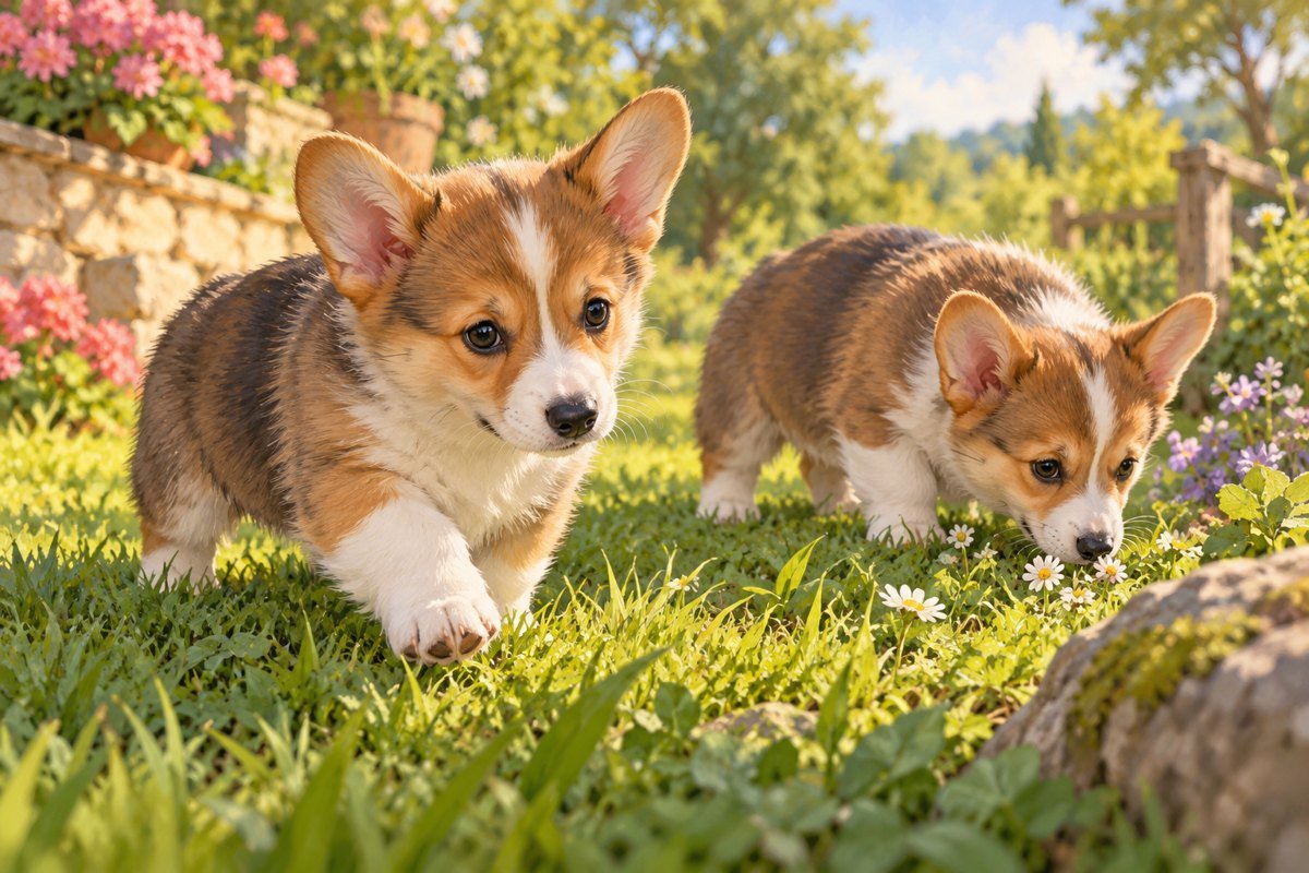 Two Corgi puppies exploring a garden