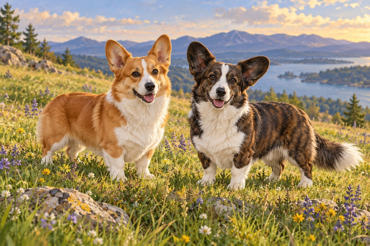 Pembroke and Cardigan Welsh Corgis standing in a meadow