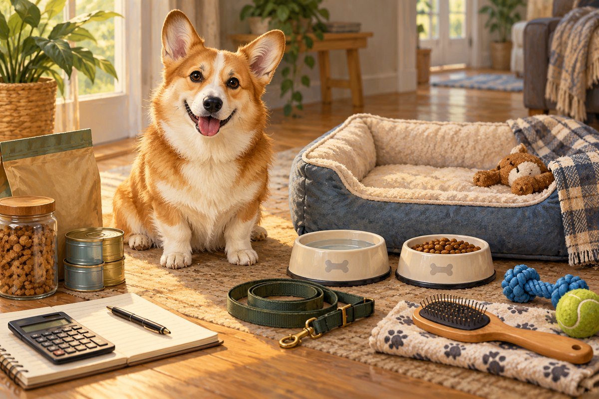 Corgi beside pet supplies and a budget notebook