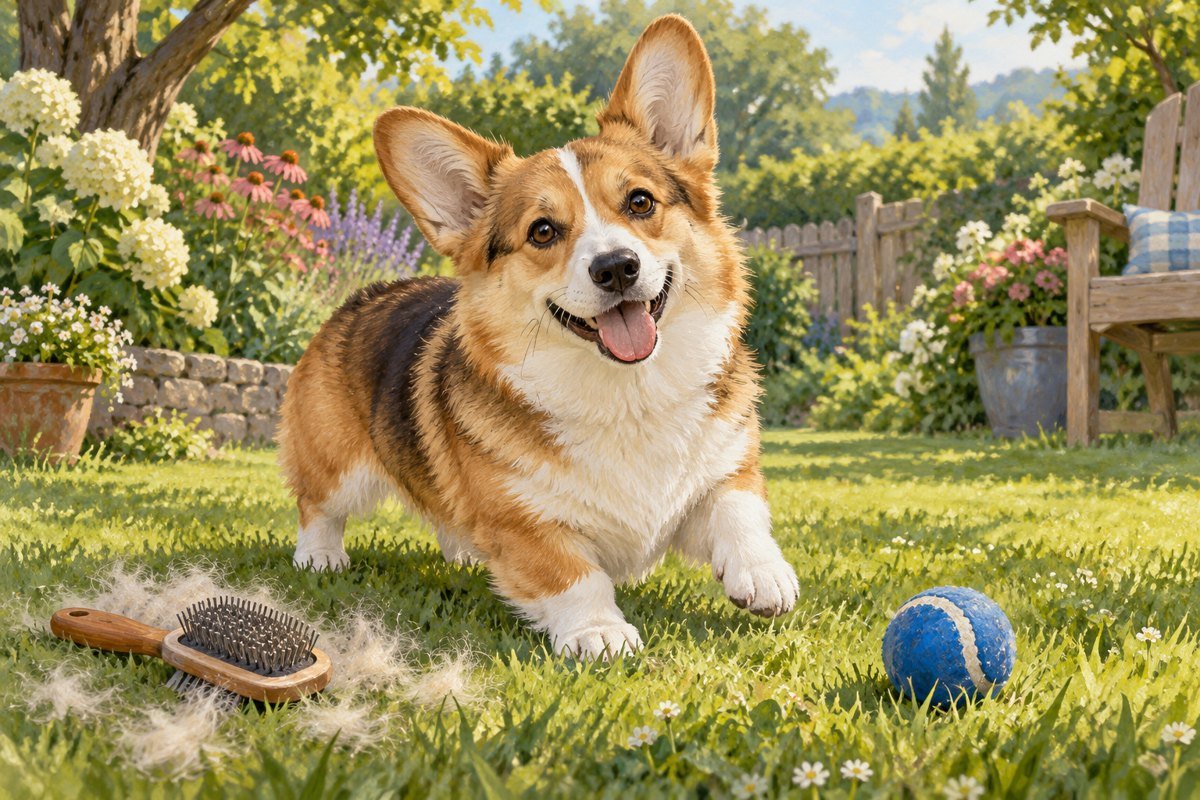 Corgi playing in a garden beside a grooming brush and ball