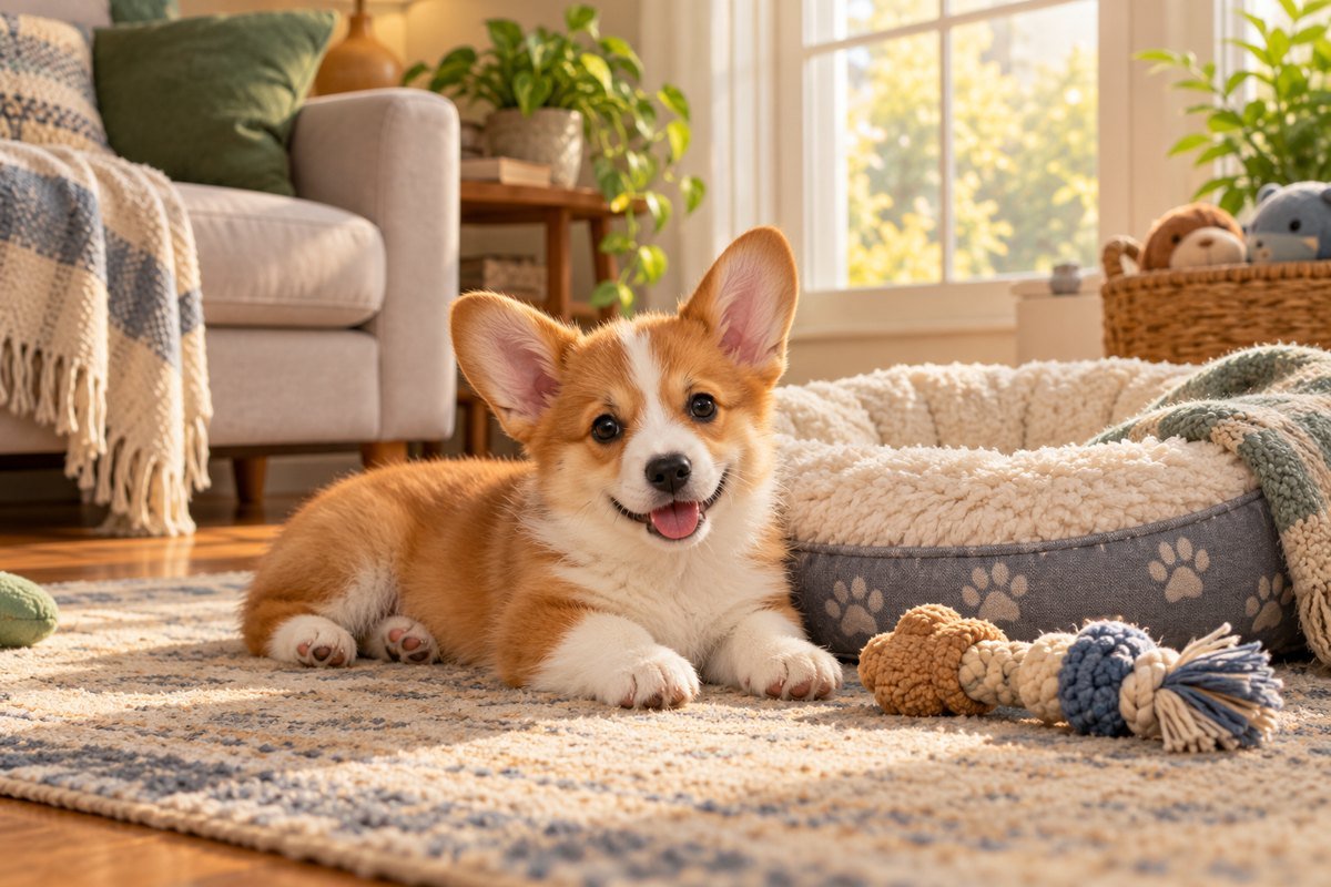 Corgi puppy resting beside a bed and chew toy in a cozy home