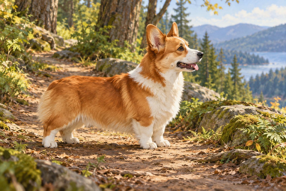 Red and white Corgi standing on a woodland path
